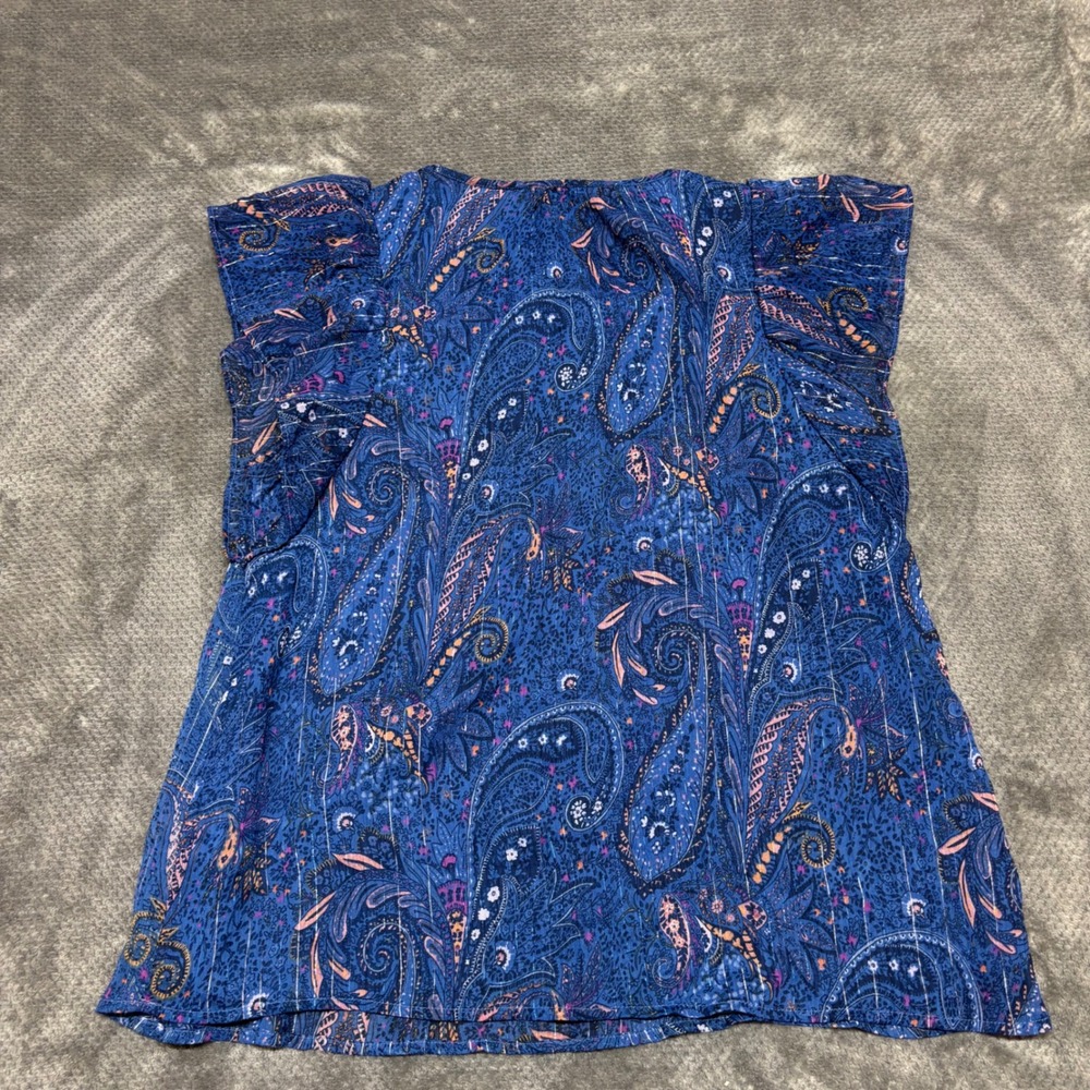 Lucky Brand Blue Paisley Metallic Lurex Tassel Flutter Sleeve Blouse Large - Picture 2 of 6